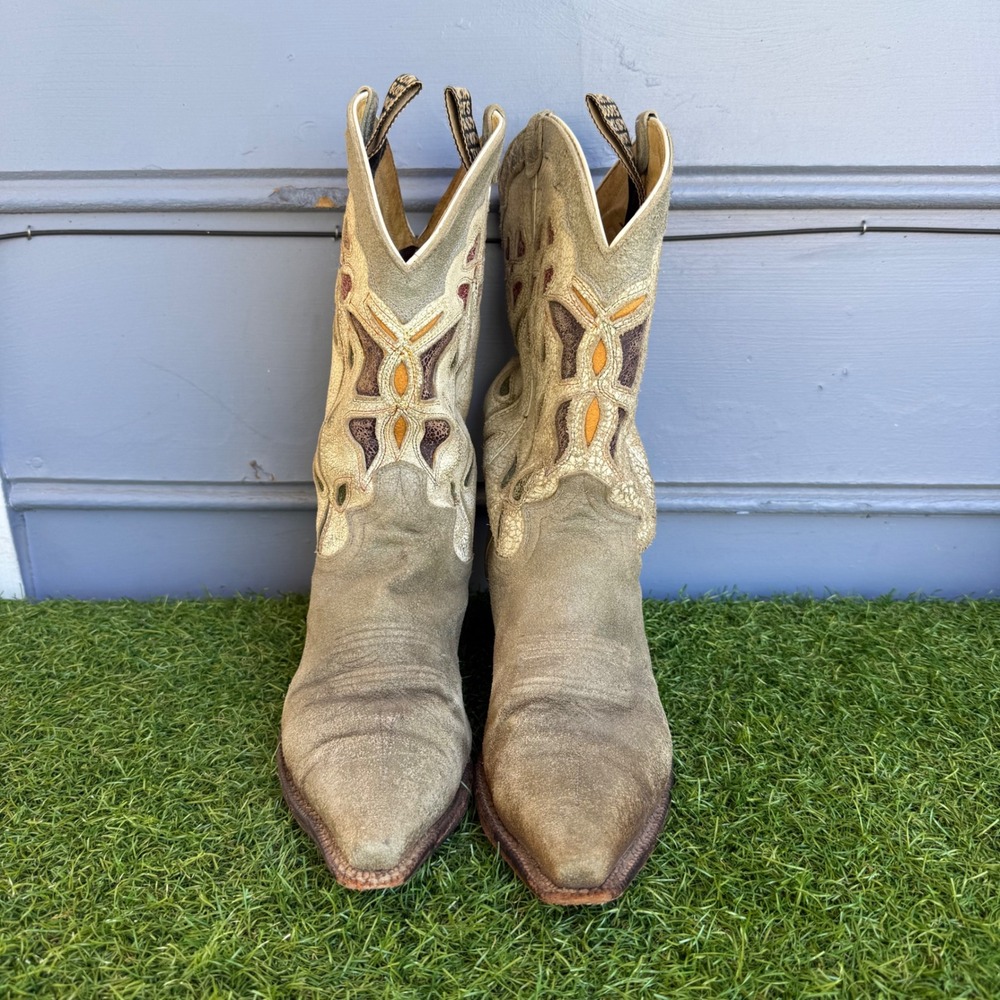 Vtg Justin Flower Boots Leather Western Cowboy Boots Womens Size 8 B Snip Toe